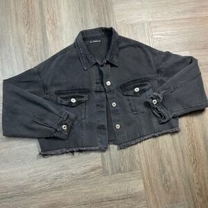 SHEIN Cropped Denim Jacket Womens XS Black Frayed‎ Raw Hem Distressed Moto Boho